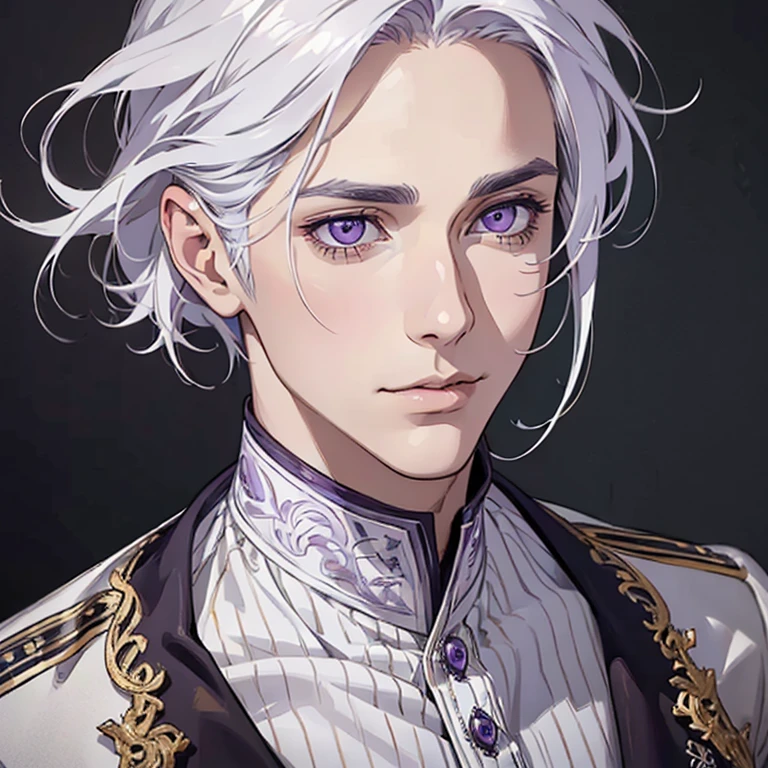 "(best quality,ultra-detailed,realistic:1.37),Medium,portrait,purple eyes,white hair,Man with medium hair,Fine painting style,Detailed facial features,attractive male appearance"