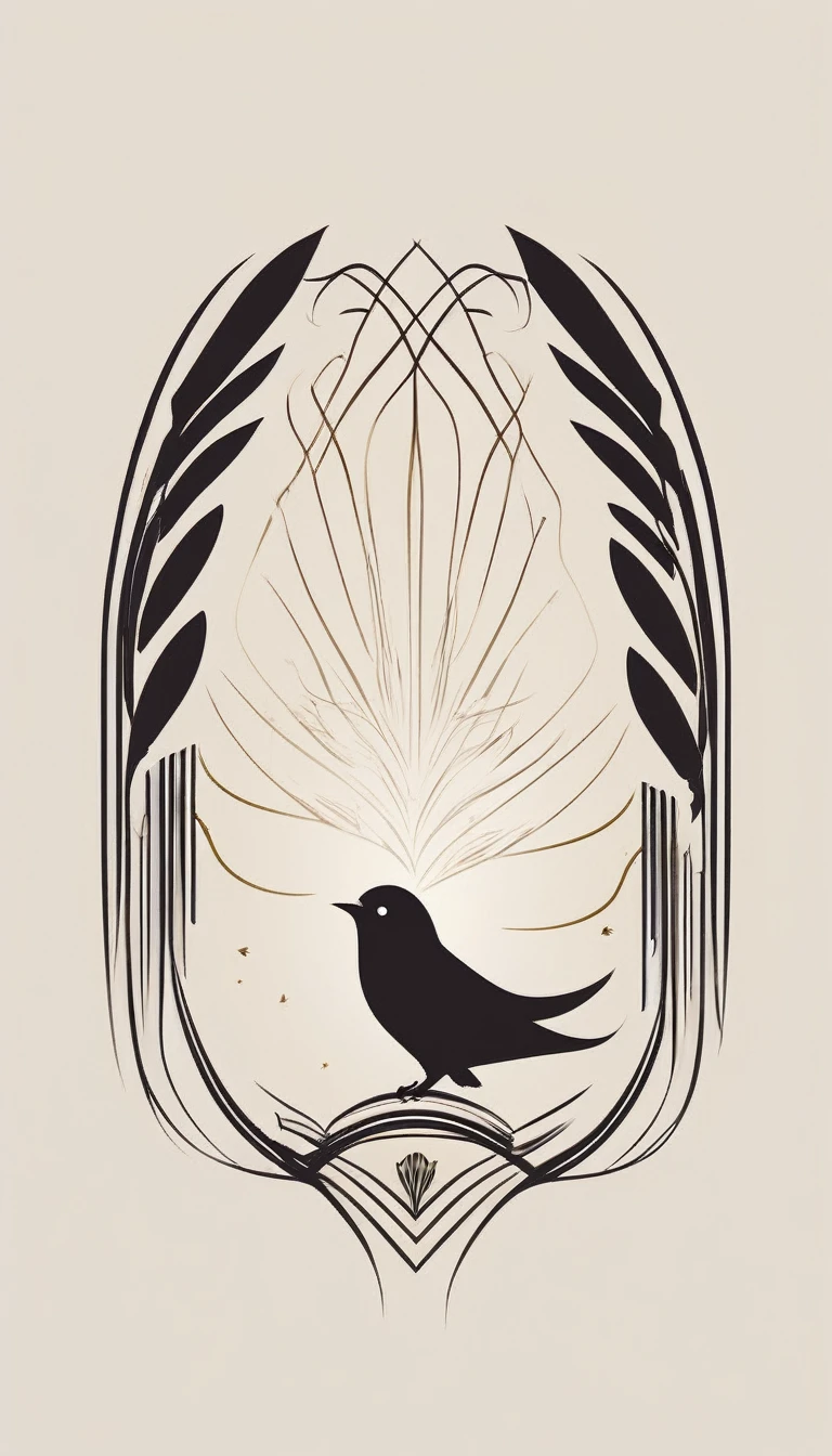 Create a cinematic, abstract symbol for a film production company based on stories and music. The logo should represent the companionship between a boy musician, A Storyteller Fantasy Bird and a Dreamy Feather. Minimalist symbol design
