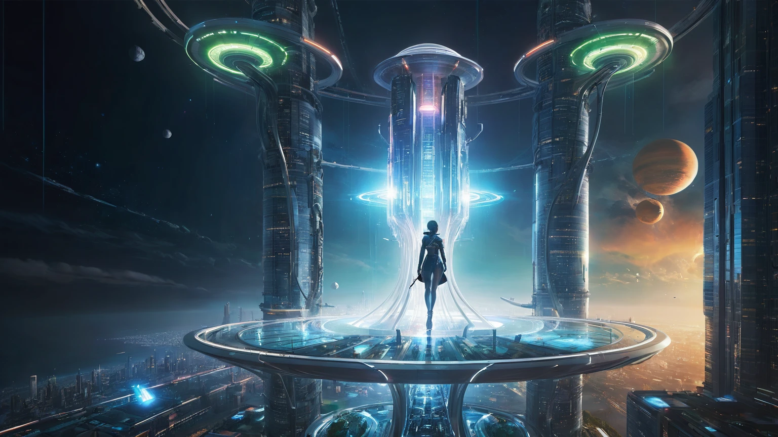 brightly colored abstract image of a space station with a spiral, epic beautiful space scifi, chaotic cinematic space rift, greg beeple, (((((flying cars, 1drone))))), planets colliding, beeple and tim hildebrandt, beeple and jean giraud, end of the universe, galaxy space sci-fi, ringworld, by Mike "Beeple" Winkelmann. Matrix style, (((((Matrix cascading code))))), (((((a futuristic twin tower skyscraper with a unique twisted design))))), (((((OLED GUI interfaces in the building))))), at night, (((((1girl, solo))))), photo realistic, (((large-breast:1.2 slim body, cleavage))), (((off broken mini sling-shirt and black sling bra, extreamly short pleated miniskirt exposing panty))), (((((running pose))))), (((((((matrix style black micro sunglasses))))))), ((((((((((aiming with a short gun)))))))))), (((((looking at camera))))), (((very low view))), (((((half-body thigh level medium shot))))), (((cinematic lighting))).