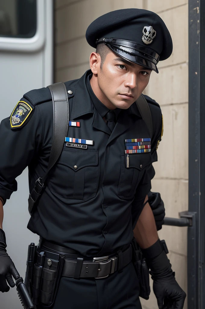Make an image of a military police officer on the route, showing on his shoulder the armband and his face a skull with a black beret.