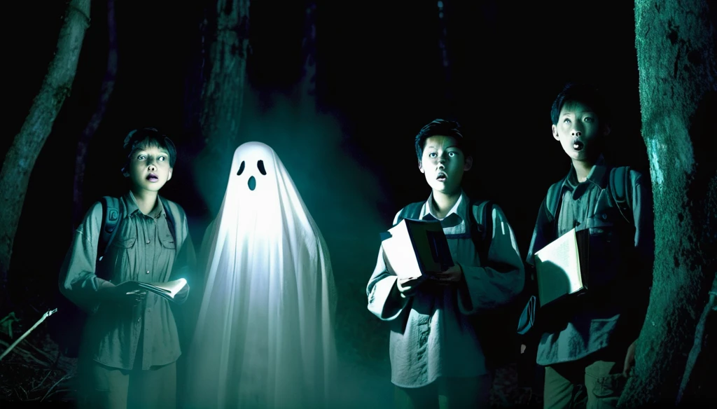 "Three friends with scared expressions on their faces standing in a dark forest. One is holding a flashlight, another a camera, and the third a book with ancient scripts. In the background, a shadowy ghost figure looms, partially visible in the mist."