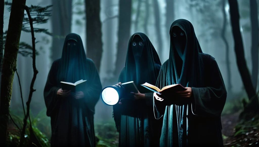 "Three friends with scared expressions on their faces standing in a dark forest. One is holding a flashlight, another a camera, and the third a book with ancient scripts. In the background, a shadowy ghost figure looms, partially visible in the mist."