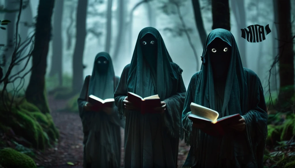 "Three friends with scared expressions on their faces standing in a dark forest. One is holding a flashlight, another a camera, and the third a book with ancient scripts. In the background, a shadowy ghost figure looms, partially visible in the mist."