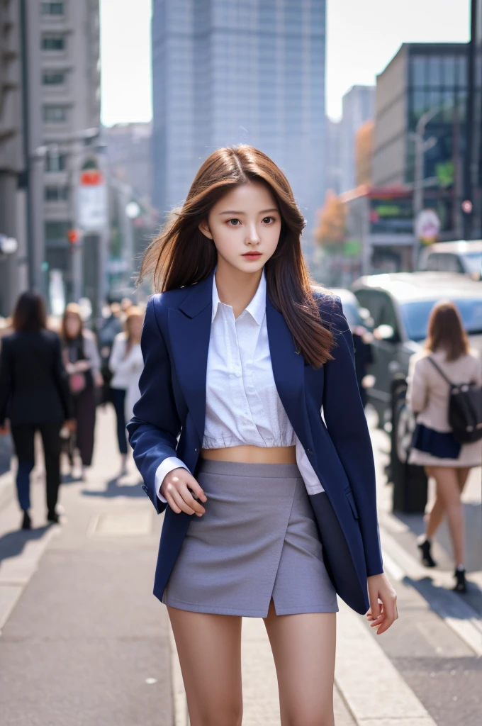 the most beautiful face of a 16 year old actress, perfect proportions of female body, blazer is worn on shirt, female crotch between bare legs, panties under short skirt are seeable, in the city, standing, nsfw, best quality, highly detailed, masterpiece, ultra high res, photo realistic, 8k