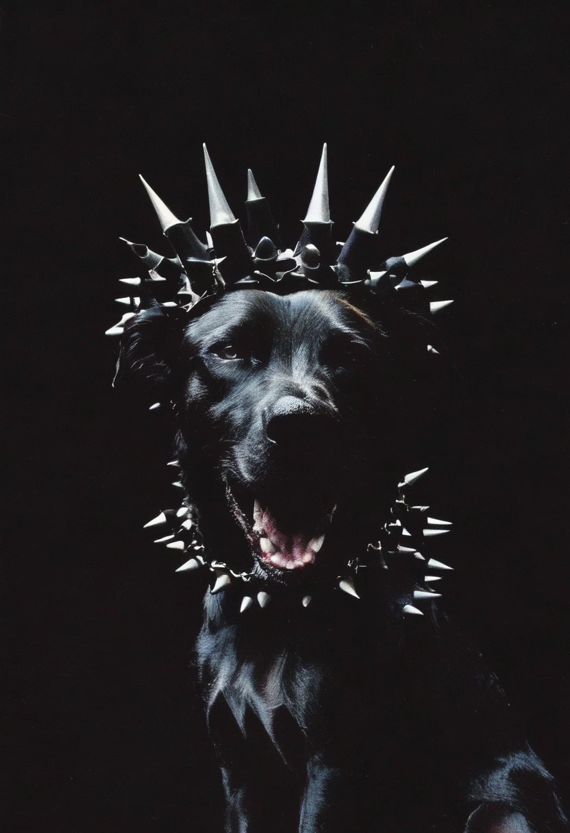 a dog with a spiked collar and spikes on its head is shown in the dark with a black background