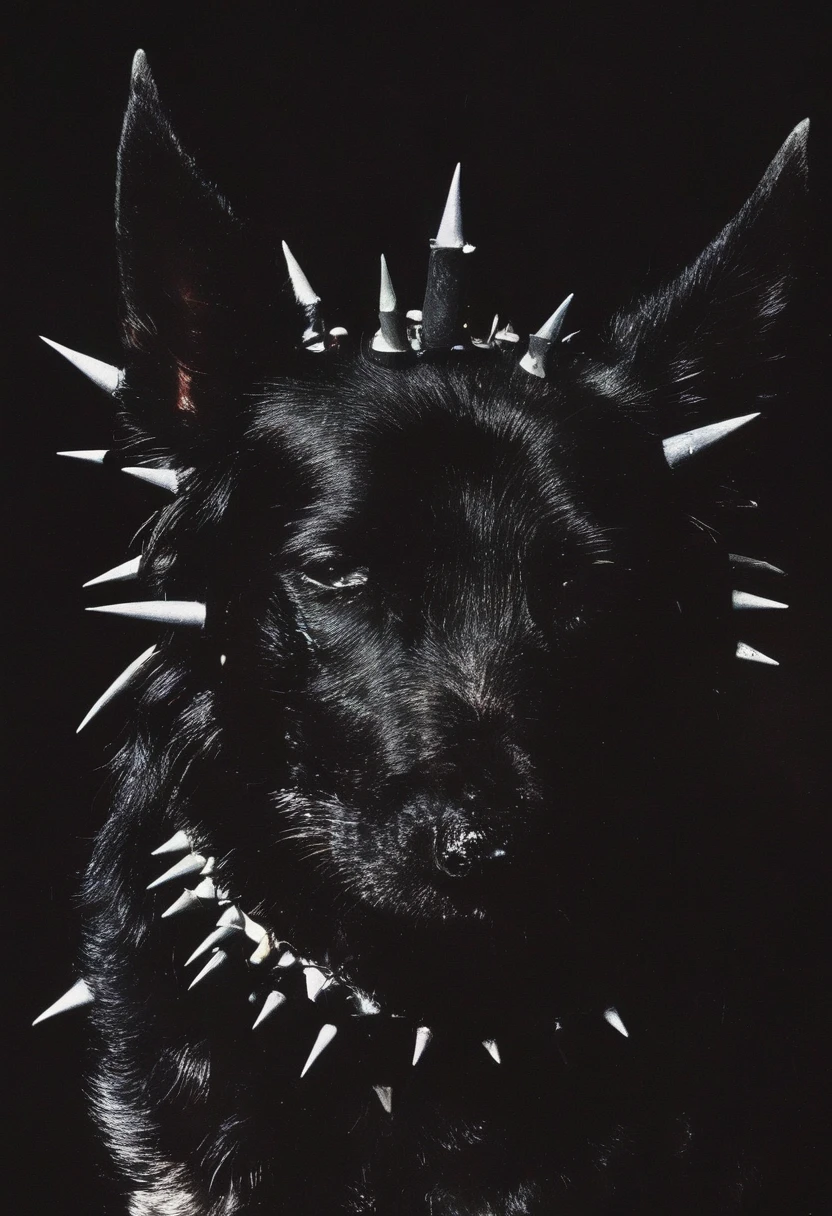 a dog with a spiked collar and spikes on its head is shown in the dark with a black background