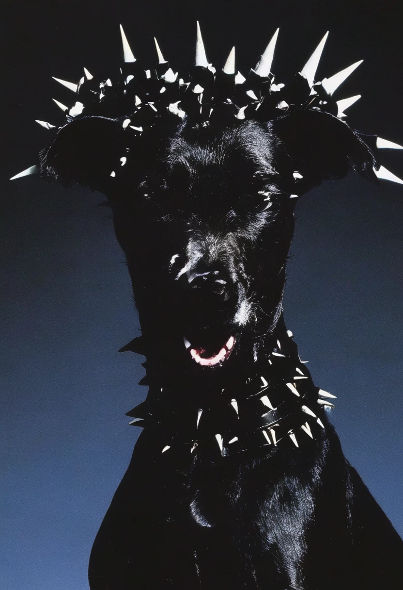 a dog with a spiked collar and spikes on its head is shown in the dark with a black background