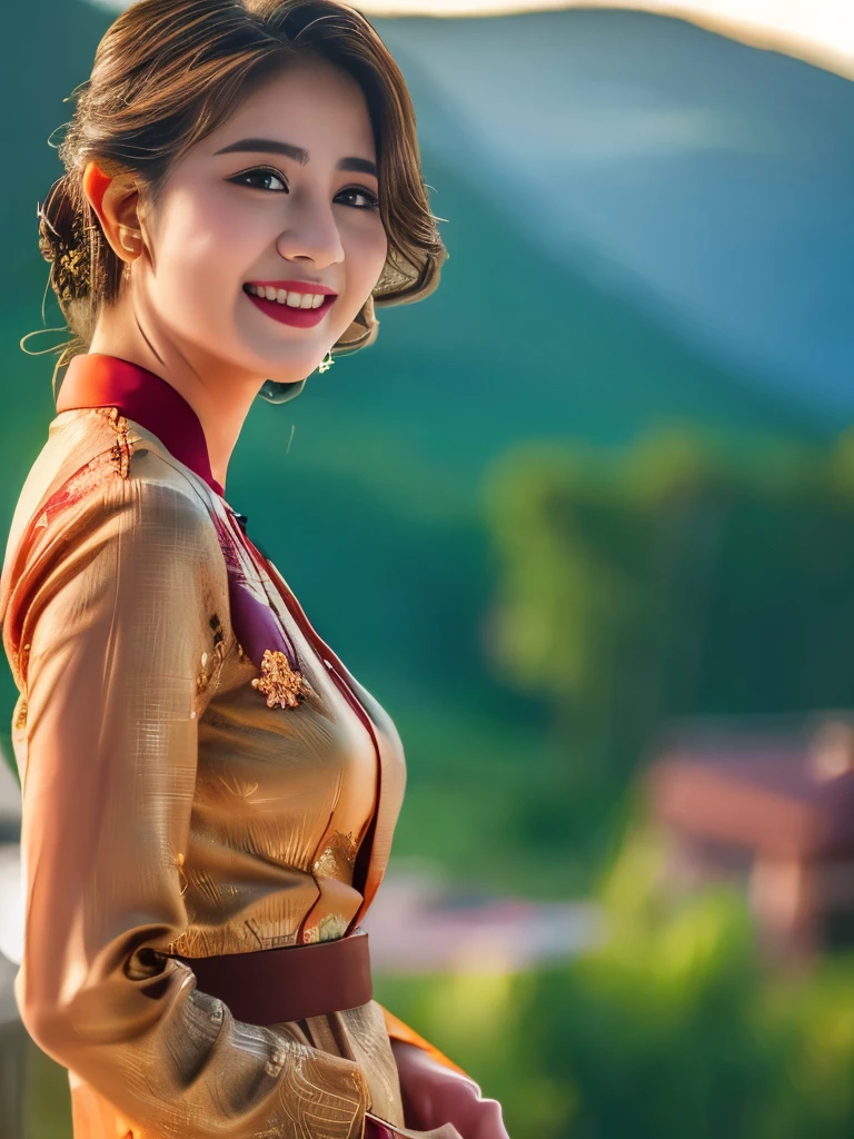 (Best quality, high resolution, Masterpiece: 1.3), a beautiful woman with a slender figure, (dark brown layered hairstyle), wearing a pendant, ((kebaya_bali)) outdoors, scenic beauty, lakes and mountains in distant background, details in face and skin texture beautifully rendered, details eyes, (best quality, high resolution, masterpiece: 1.3), a beautiful woman with a slim figure, (dark brown layered hairstyle),((kebaya_bali)), outdoors, background random, details in face and skin texture beautifully rendered, detail eyes, double eyelids, seductive laugh, feminine laugh, seductive pose, full body