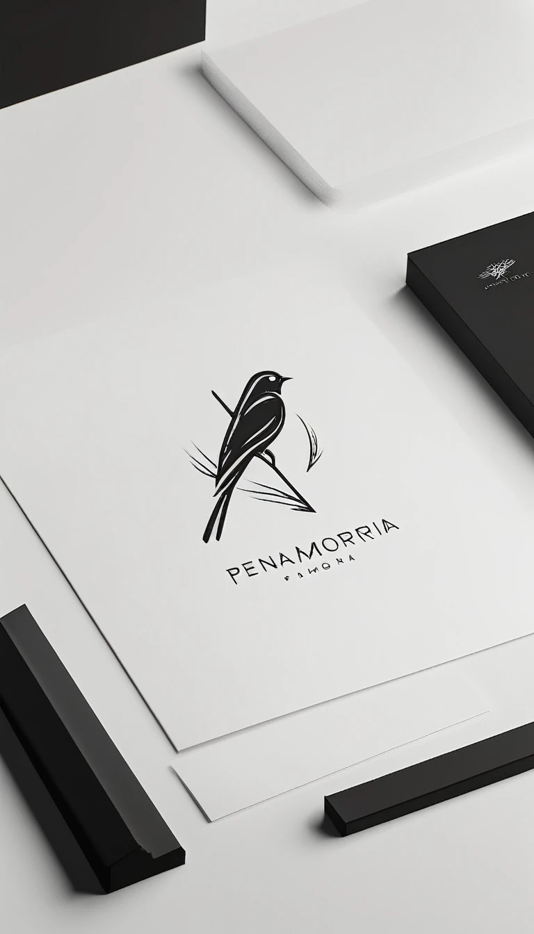 A minimal, modern, simple, cinematic logo design for the brand “Penamemoria". Create a modern, minimalistic, high-quality, logo of a bird with special and thin threads as tail