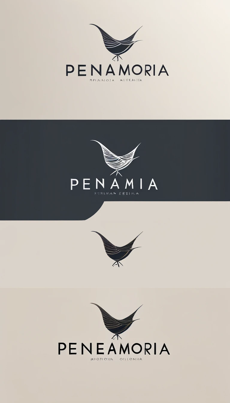 A minimal, modern, simple, cinematic logo design for the brand “Penamemoria". Create a modern, minimalistic, high-quality, logo of a bird with special and thin threads as tail