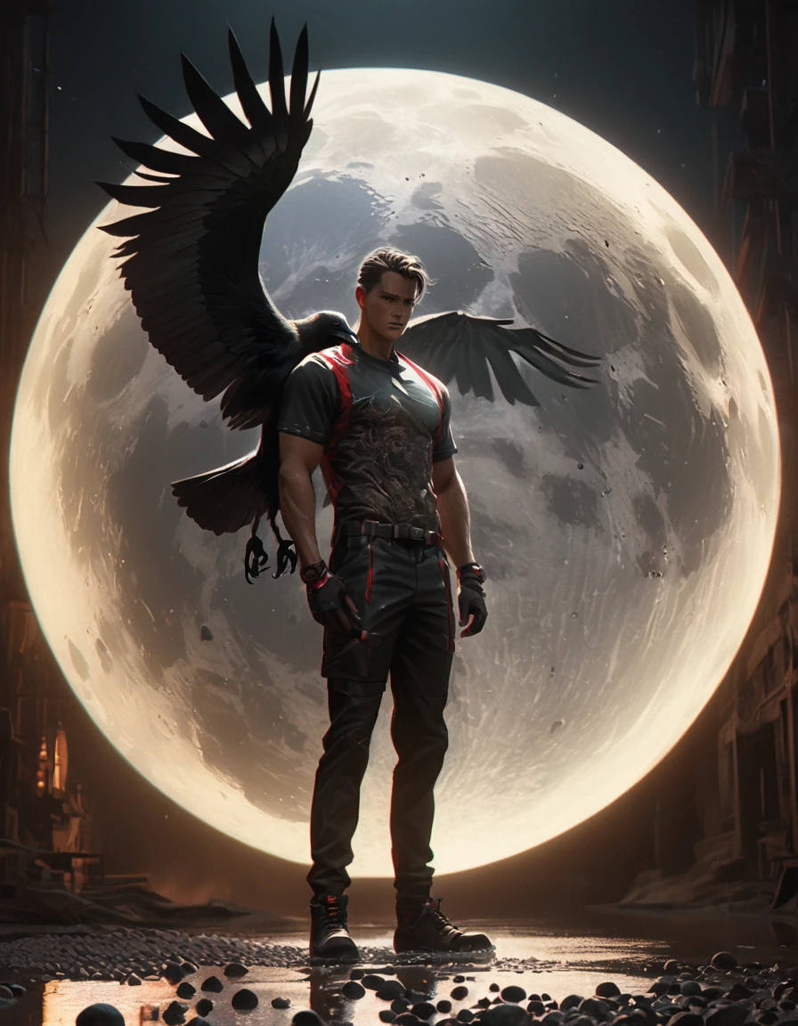 night,huge moon,Cool colors,Anatomy Drawing,Rich details,Crow with bloodshot eyes,standing water,gravel,full body portrait,Black castle background,Real light and shadow contrast,Realistic ray tracing,True light falloff,anti-aesthetic style,Poodlepunk,Snapshot aesthetic style , --q 2 --s 180 --ar 9:16 --v 6