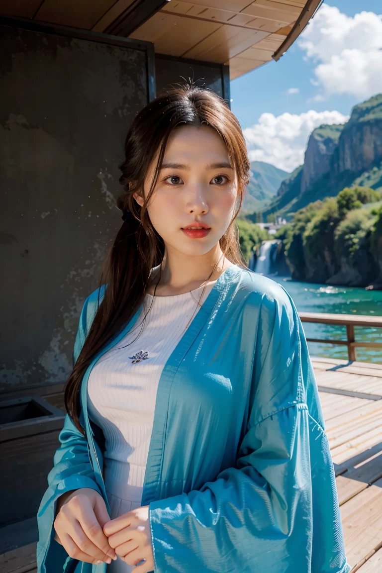 masterpiece, best quality, high quality, extremely detailed CG unity 8k wallpaper, scenery, outdoors, sky, cloud, day, no humans, mountain, landscape, water, tree, blue sky, waterfall, cliff, nature, lake, river, cloudy sky,award winning photography, Bokeh, Depth of Field, HDR, bloom, Chromatic Aberration ,Photorealistic,extremely detailed, trending on artstation, trending on CGsociety, Intricate, High Detail, dramatic, art by midjourney, 1girl, solo, perfect face,