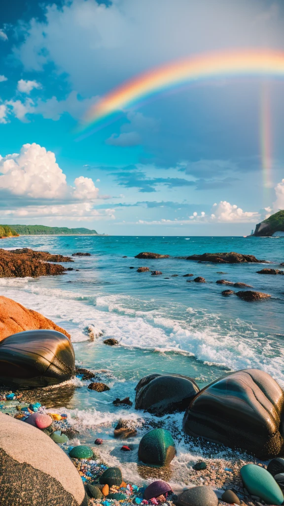 there is a rainbow in the sky over a beach with rocks and pebbles, an illustration of by Igor Grabar, trending on shutterstock, fine art, seashore, magical beach, sunny rainbow galaxy stormy sea, colorful hd picure, near the seashore, rainbow reflections, just one rainbow 8 k, beach landscape, still of rainbow ophanim, calm vivid colors