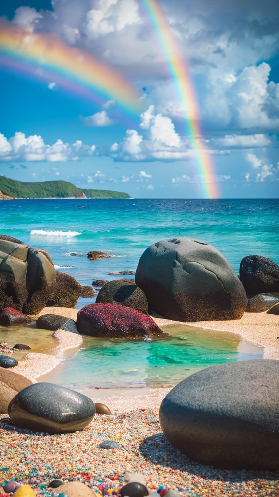 there is a rainbow in the sky over a beach with rocks and pebbles, an illustration of by Igor Grabar, trending on shutterstock, fine art, seashore, magical beach, sunny rainbow galaxy stormy sea, colorful hd picure, near the seashore, rainbow reflections, just one rainbow 8 k, beach landscape, still of rainbow ophanim, calm vivid colors