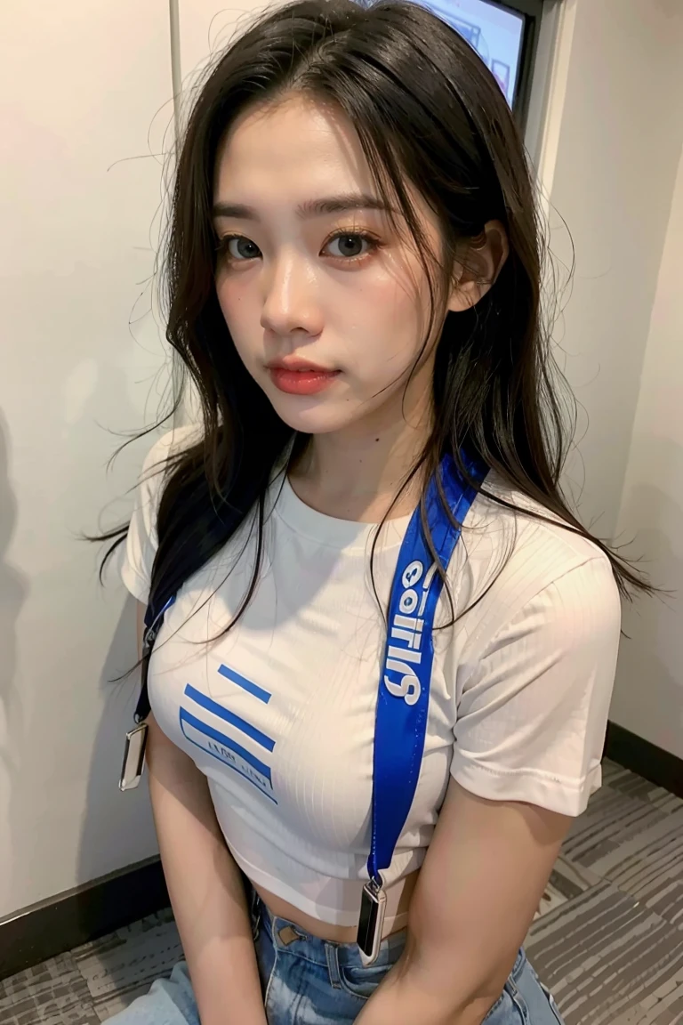 American girl of 18, video gamer, wearing translucent short T-shirt, black hair, ((blush: 0.8)), natural skin texture, 4K textures, highly detailed, insane details, faint colors , ((long wavy hair)), ((smile on face: 0.4)), (no panties: 0.2), ((looking directly at the camera)), ((tilted head: 0.8 )), ((small breasts:1)).