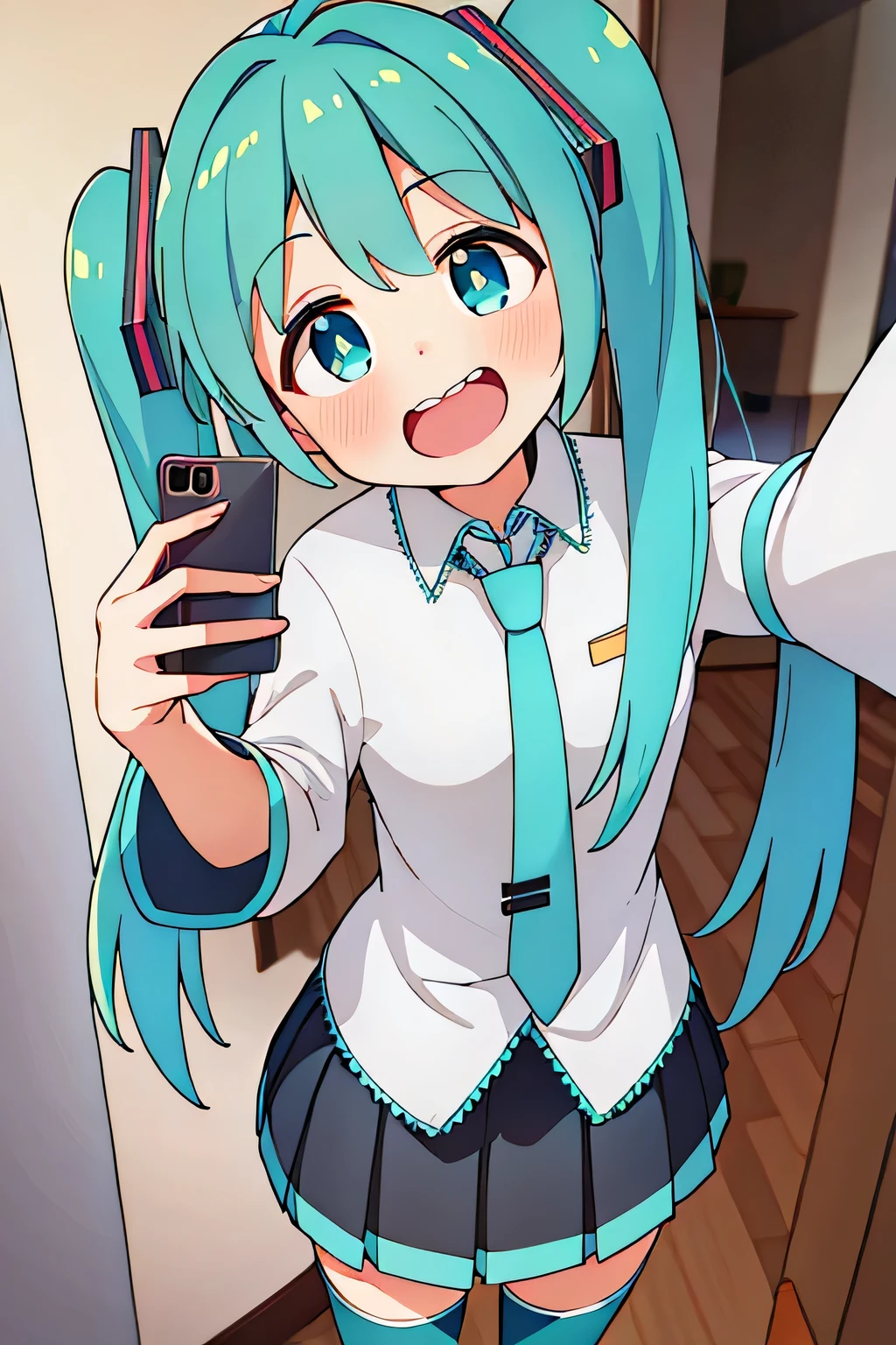 (masterpiece, Highest quality:1.3), One male , Front hair, green_hair, blush, brown_eye, bulge, Cosplay, Women, independent_sleeve, Embarrassing, eyelash, Hatsune_Miku_(Cosplay), Holding, Holding_Telephone, indoor, male_concentrated, mirror, tie, ototeeth_no_teeth, Telephone, Pleats_skirt, Selfie, shirt, skirt, No sleeve, No sleeve_shirt, alone, spring_Onion, Are standing, Sweat, Knee socks, Twin tails, umbrella, wig