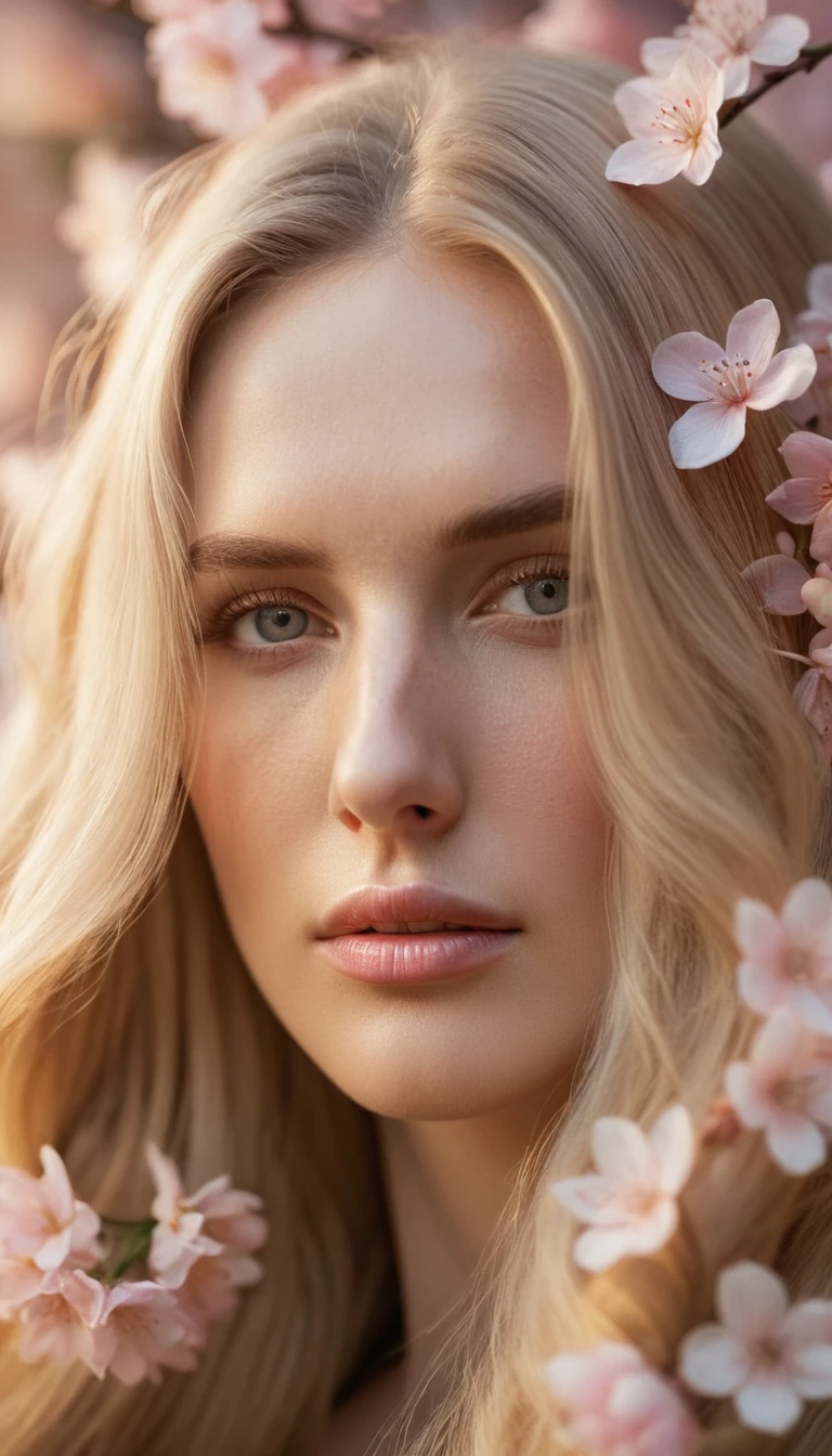 1girl, long blonde hair shatush, flowers woven into hair, white light pink flowers, soft warm lighting, partially lit face, calm pensive expression, detailed eyes and lips, artistic photography style, warm color scheme, intimate, peaceful, (best quality,4k,8k,highres,masterpiece:1.2),ultra-detailed,(realistic,photorealistic,photo-realistic:1.37),HDR,studio lighting,extreme detail description,professional,vivid colors,bokeh