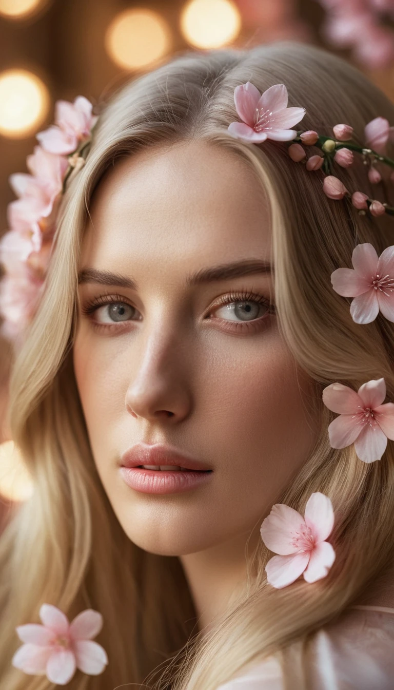 1girl, long blonde hair shatush, flowers woven into hair, white light pink flowers, soft warm lighting, partially lit face, calm pensive expression, detailed eyes and lips, artistic photography style, warm color scheme, intimate, peaceful, (best quality,4k,8k,highres,masterpiece:1.2),ultra-detailed,(realistic,photorealistic,photo-realistic:1.37),HDR,studio lighting,extreme detail description,professional,vivid colors,bokeh