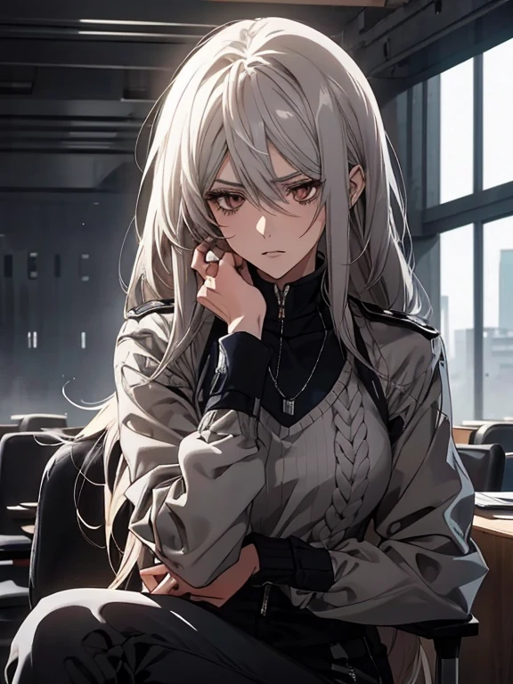 (Confused, High resolution, Very detailed), 1 female, Silver Hair,Long Hair,Reddish brown eyes,White and black pilot suit,Jacket,Navy blue skinny pants,24th generation,beauty,mature,thin,quiet,Calm,Sit on a chair in a conference room,talk,Intimidation,Unpleasant,anger,White sweater,