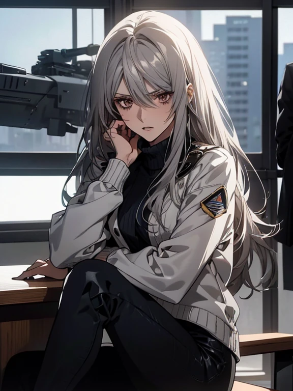 (Confused, High resolution, Very detailed), 1 female, Silver Hair,Long Hair,Reddish brown eyes,White and black pilot suit,Jacket,Navy blue skinny pants,24th generation,beauty,mature,thin,quiet,Calm,Sit on a chair in a conference room,talk,Intimidation,Unpleasant,anger,White sweater,
