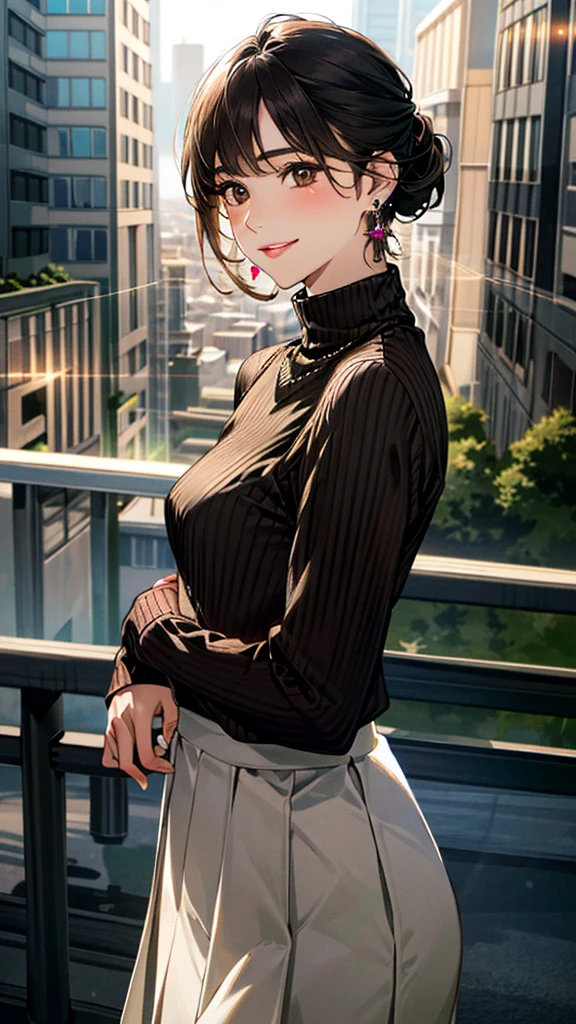 (masterpiece:1.3, Highest quality, Ultra-high resolution, Super detailed), (Realistic, photoRealistic:1.4), Beautiful illustrations, Perfect lighting, colorful, Depth of written boundary,
Beautiful detailed hair, Beautifully detailed face, Beautiful fine details, Beautiful clavicle, Beautiful body, 美しいLarge Breasts, Beautiful thighs, Beautiful feet, Beautiful fingers,
View Viewer、Front view:0.6, Beauty1人, Japanese, Beauty、30 years old, Perfect Face, (Perfect Anatomy, Anatomically correct), Cute and symmetrical face, Baby Face, , Shiny skin,
((Light brown turtleneck sweater:1.4)),(((Long skirt 1.5)))
(Black Hair, Medium、Updo Hair:1.4), Dark brown eyes, (Large Breasts), Slim body,
necklace, (Small earrings:1.4),
(Beautiful views), (night), (city, cityscape in the distance),, A soft smile、(Smile, Lips parted),