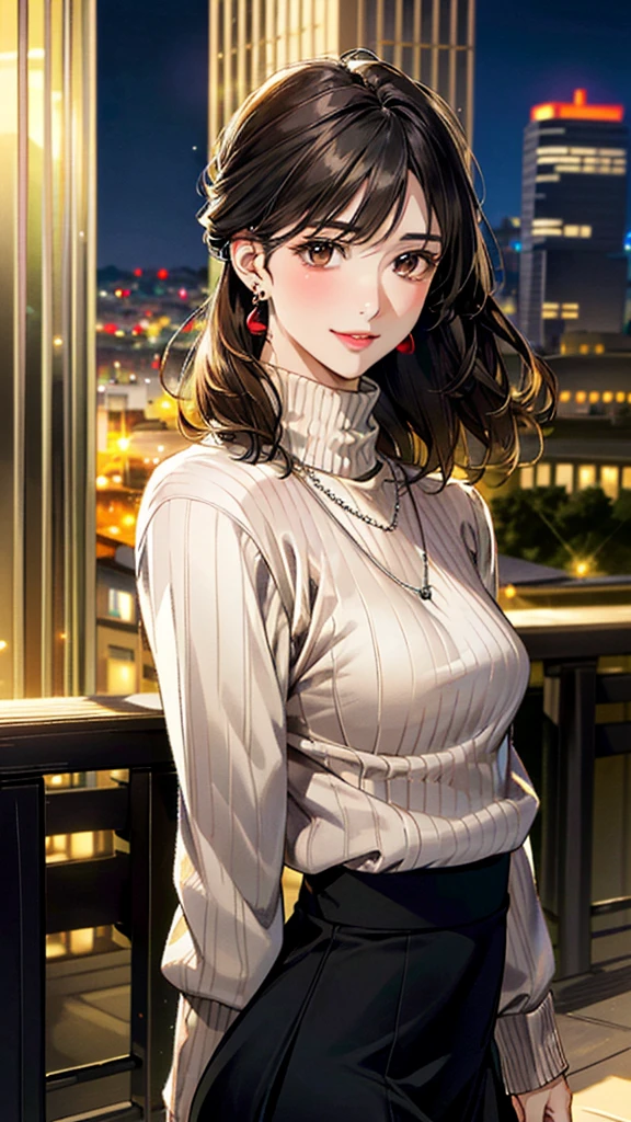 (masterpiece:1.3, Highest quality, Ultra-high resolution, Super detailed), (Realistic, photoRealistic:1.4), Beautiful illustrations, Perfect lighting, colorful, Depth of written boundary,
Beautiful detailed hair, Beautifully detailed face, Beautiful fine details, Beautiful clavicle, Beautiful body, 美しいLarge Breasts, Beautiful thighs, Beautiful feet, Beautiful fingers,
View Viewer、Front view:0.6, Beauty1人, Japanese, Beauty、30 years old, Perfect Face, (Perfect Anatomy, Anatomically correct), Cute and symmetrical face, Baby Face, , Shiny skin,
((Light brown turtleneck sweater:1.4)),(((Long skirt 1.5)))
(Black Hair, Medium、Updo Hair:1.4), Dark brown eyes, (Large Breasts), Slim body,
necklace, (Small earrings:1.4),
(Beautiful views), (night), (city, cityscape in the distance),, A soft smile、(Smile, Lips parted),
