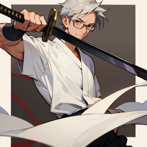 History Teacher, headmaster, Glasses, male, 59 years old, Gray Hair, senior, kind, Holding a Japanese sword, Work clothes