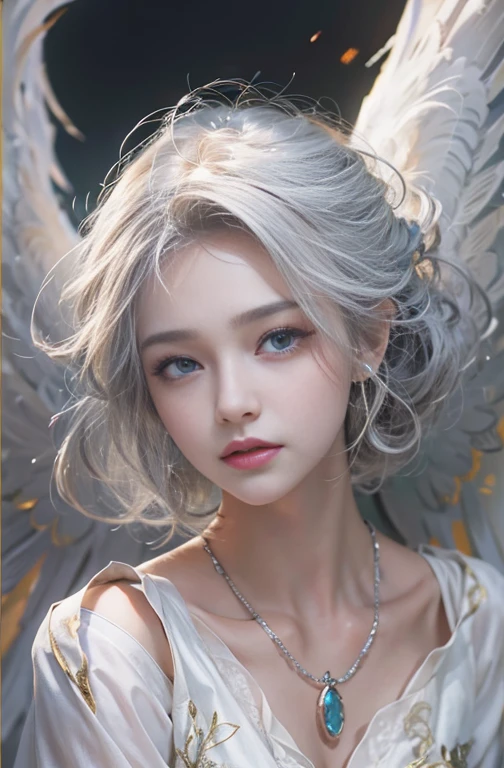 (masterpiece:1.3), (8k, Realistic, RAW Photos, Best image quality: 1.4), Fair-skinned fairy woman、Long Hair、Cleavage:2.0、Highly detailed face、Attention to detail、double eyelid、Chest to chest、Sharp focus:1.2、Beautiful woman:1.4、Silvery white hair、Highest quality、masterpiece、Ultra-high resolution、(Realistic:1.4)、Highly detailed and professionally lit smiles、Loose, Light, Ancient Greek clothing、Shoulders out、thin、Serious expression、Short-haired、Deadly position, Gorgeous Necklace , One person、whole body, Giant wings of latissimus dorsi、Above the Clouds