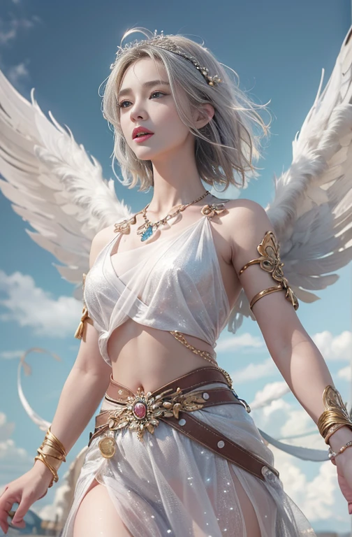 (masterpiece:1.3), (8k, Realistic, RAW Photos, Best image quality: 1.4), Fair-skinned fairy woman、Long Hair、Cleavage:2.0、Highly detailed face、Attention to detail、double eyelid、Chest to chest、Sharp focus:1.2、Beautiful woman:1.4、Silvery white hair、Highest quality、masterpiece、Ultra-high resolution、(Realistic:1.4)、Highly detailed and professionally lit smiles、Loose, Light, Ancient Greek clothing、Shoulders out、thin、Serious expression、Short-haired、Deadly position, Gorgeous Necklace , One person、whole body, Giant wings of latissimus dorsi、Above the Clouds