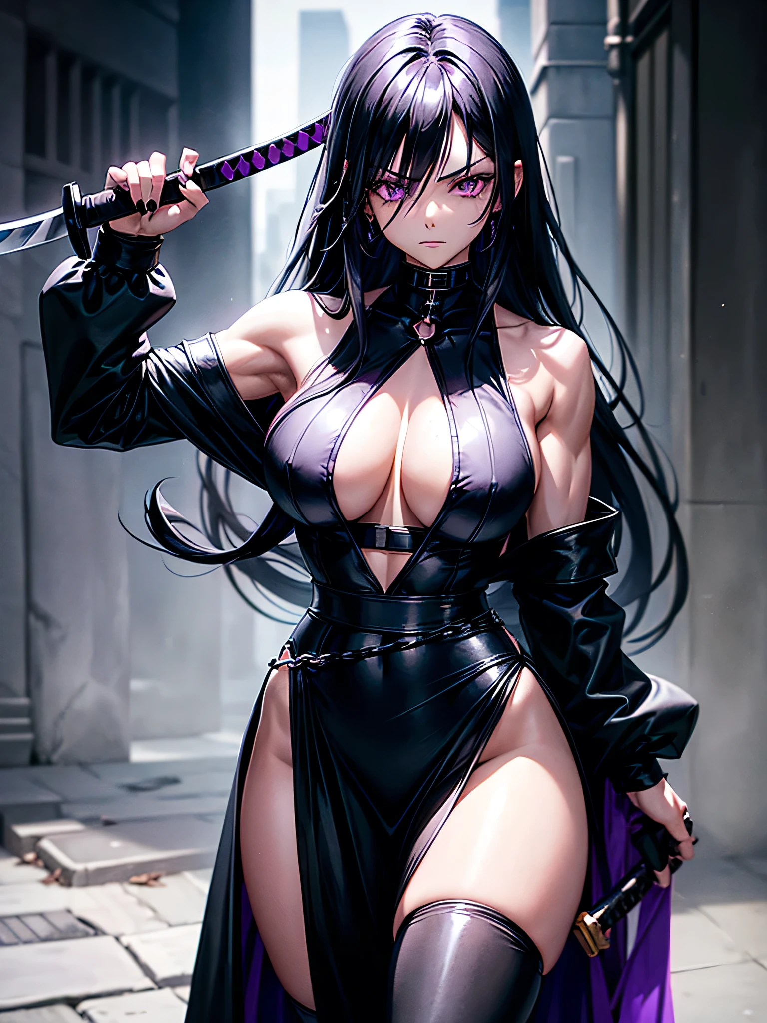 A girl with lazy really long black hair covering her right eye, sharp purple eyes, a muscularly lean body with strong forearms, wearing a black suit with a long black skirt, black thights, black gloves and violet jewelry and black chains, carrying a purple katana. Assassin in an urban city. Thick muscular thighs