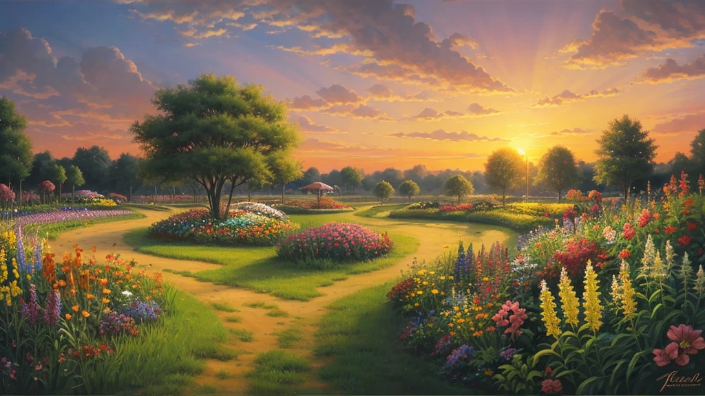 Painting of a flower garden with sunset on the background, Waiji&#39;s Surreal Flowers, Dreamscape, Fantastic landscape, Dreamscape, bela Dreamscape, M. Nuvens Blancas Fairyland, deite-se M. Nuvens Blancas Fairyland, Heavenly Landscape, Bright landscape, Mythical Flower Hill, Wonderful landscape, fantasy flower field, em uma Dreamscape surreal, Nas Nuvens Blancas Fairyland