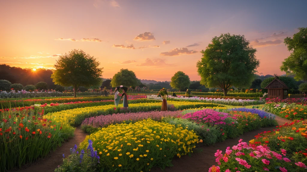 Painting of a flower garden with sunset on the background, Waiji&#39;s Surreal Flowers, Dreamscape, Fantastic landscape, Dreamscape, bela Dreamscape, M. Nuvens Blancas Fairyland, deite-se M. Nuvens Blancas Fairyland, Heavenly Landscape, Bright landscape, Mythical Flower Hill, Wonderful landscape, fantasy flower field, em uma Dreamscape surreal, Nas Nuvens Blancas Fairyland