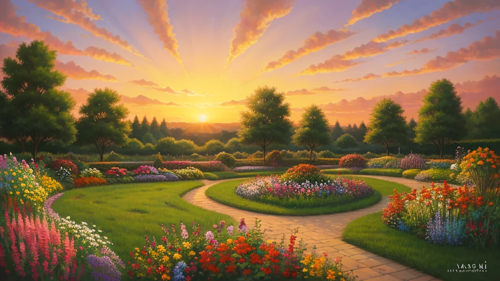 Painting of a flower garden with sunset on the background, Waiji&#39;s Surreal Flowers, Dreamscape, Fantastic landscape, Dreamscape, bela Dreamscape, M. Nuvens Blancas Fairyland, deite-se M. Nuvens Blancas Fairyland, Heavenly Landscape, Bright landscape, Mythical Flower Hill, Wonderful landscape, fantasy flower field, em uma Dreamscape surreal, Nas Nuvens Blancas Fairyland