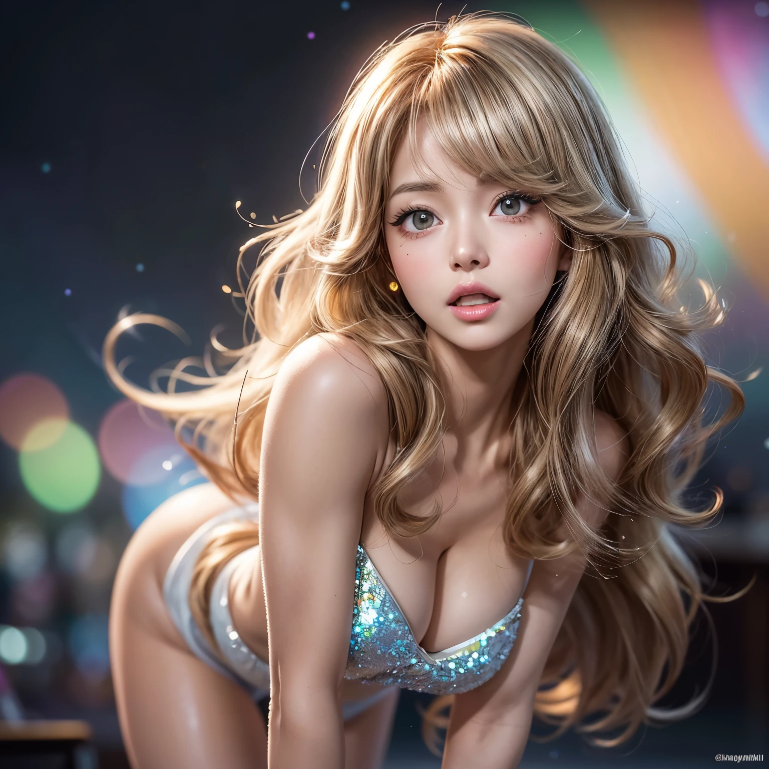 NSFW, 8k, High-level, absurd, masterpiece, best quality, primitive, very detailed CG, very detailed wallpaper, perfect lighting, Extremely detailed ((( personifying " Farrah Fawcett Majors " as a  Girl))), MysticSight, Tyndall effect, Tyndall scattering, (Studio gray background with (Overflowing oodles Dazzling RainbowColorParticles (BokeH))), (RoundlyButts, ThighGap), (Exposed:0.4), (Assfocus with looking ahead) BREAK  (Acutance:0.88), (NOGIZAKA face variations) Extremely Detailed very KAWAII face variations, perfect anatomy, Childish, CaptivatingGaze ElaboratePupils detailed Eyes with (sparkling highlights:1.28), (Voluminous LongEyelashes、GlossyRED Lips with beautiful details, RosyCheeks, Radiant PearlSkin with Transparency . { (Dynamic LifeLike expressions:1.4) | :d) }, (large eyes:-1) .