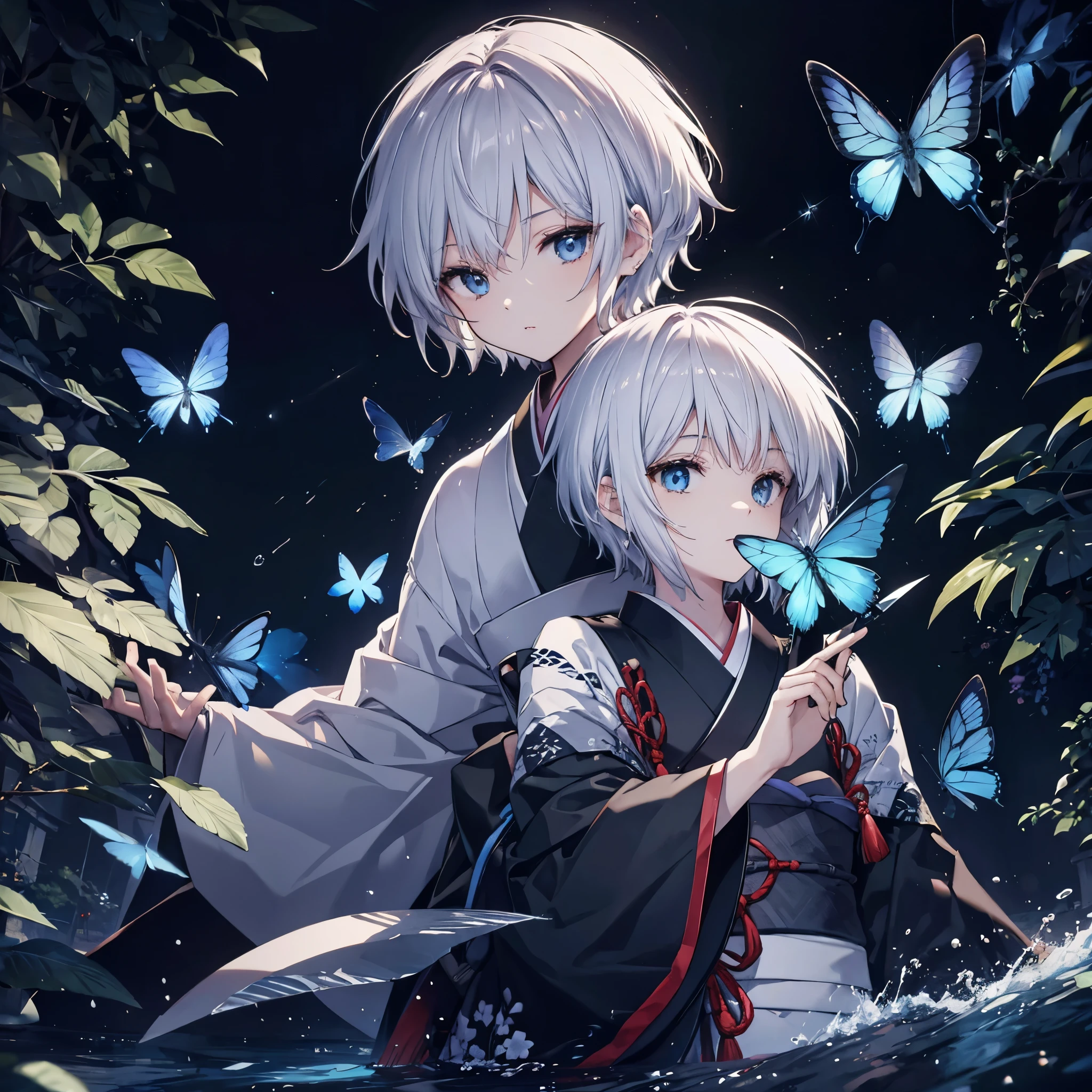 ((High resolution Gray Hair short hair Black kimono Black Band military commander Lonely despair blue eyes)) ((Yellow butterfly night Japanese style shoulder old Shining Aura garden water surface)) (dance Blade of Darkness Holding a sword Slashing) moon star Draw your sword Slashing Catch the wind