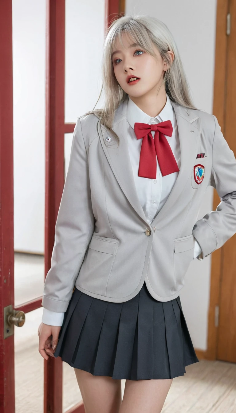 Ariya, 1 Girl, Solitary, Long hair, blue eyes, Ahog, bow, Looking at the audience, red bow, jacket, bowtie, Long sleeve, breast, shirt, open jacket, red bowtie, Door, Cowboy shooting, collared shirt, inDoors, Uniforms, White hair, permanent, Open clothes, skirt, Bangs, skirt, grey jacket, black skirt, blush, pleated skirt, Open your mouth, medium breast, pleated skirt, white shirt, Hair between the eyes, white jacket, hands up, Casual suits, black skirt, thigh, open Door, Door厅