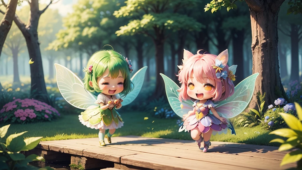 masterpiece、top-quality、ultra-detailliert、(Chibi Chara Fairy:1.2)、tickle,lol,LMAO,XD,big smile,happy fun smile,laugh out loud,vibrant laughing、blue open sky、white clouds,Dreamy garden, trees, flowers, Cute,exquisite artwork high quality、masterpiece、Sparkling fairies、a Lots of fairies(Pink Fairy、Yellow Fairy、Orange Fairy、Green Fairy、Light Blue Fairy They are playing happily)、In a beautiful forest、playing、fun、Open your mouth、smile、Flying around、so many fairies