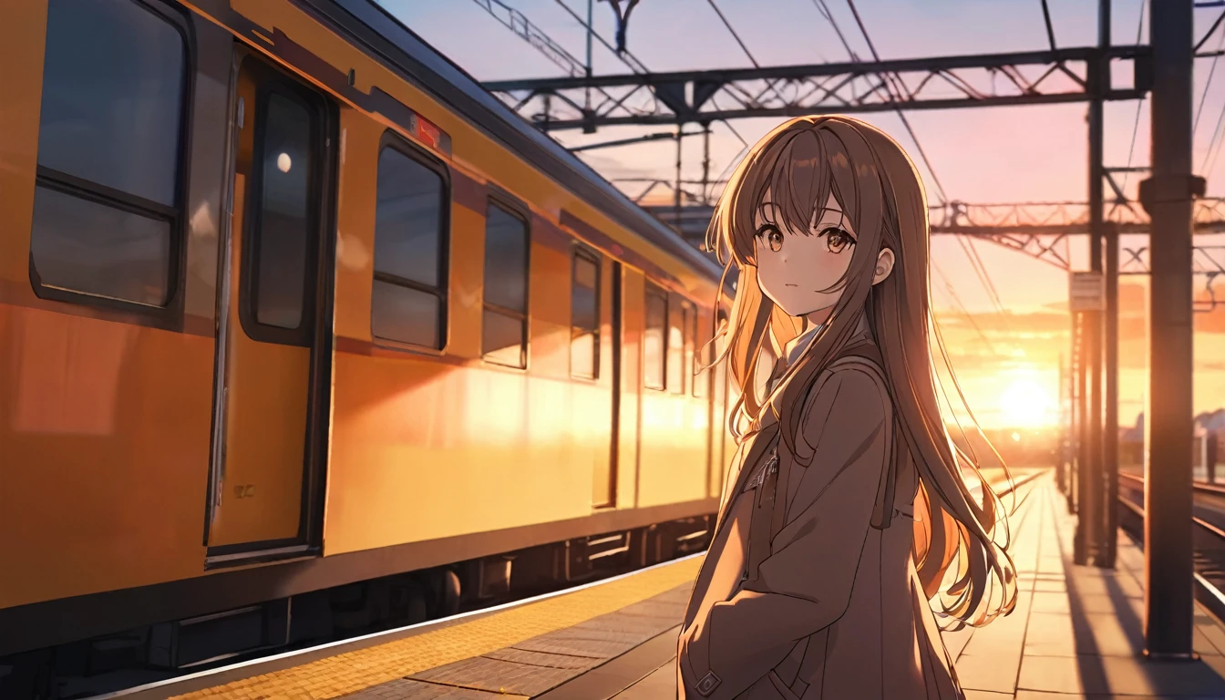 a beautiful young girl waiting for the train on a train platform, sunset, anime style, detailed face, long hair, detailed outfit, cinematic lighting, highly detailed, 8k, photorealistic, warm colors, glowing sunset sky, detailed train in the background, detailed platform structure, slight motion blur