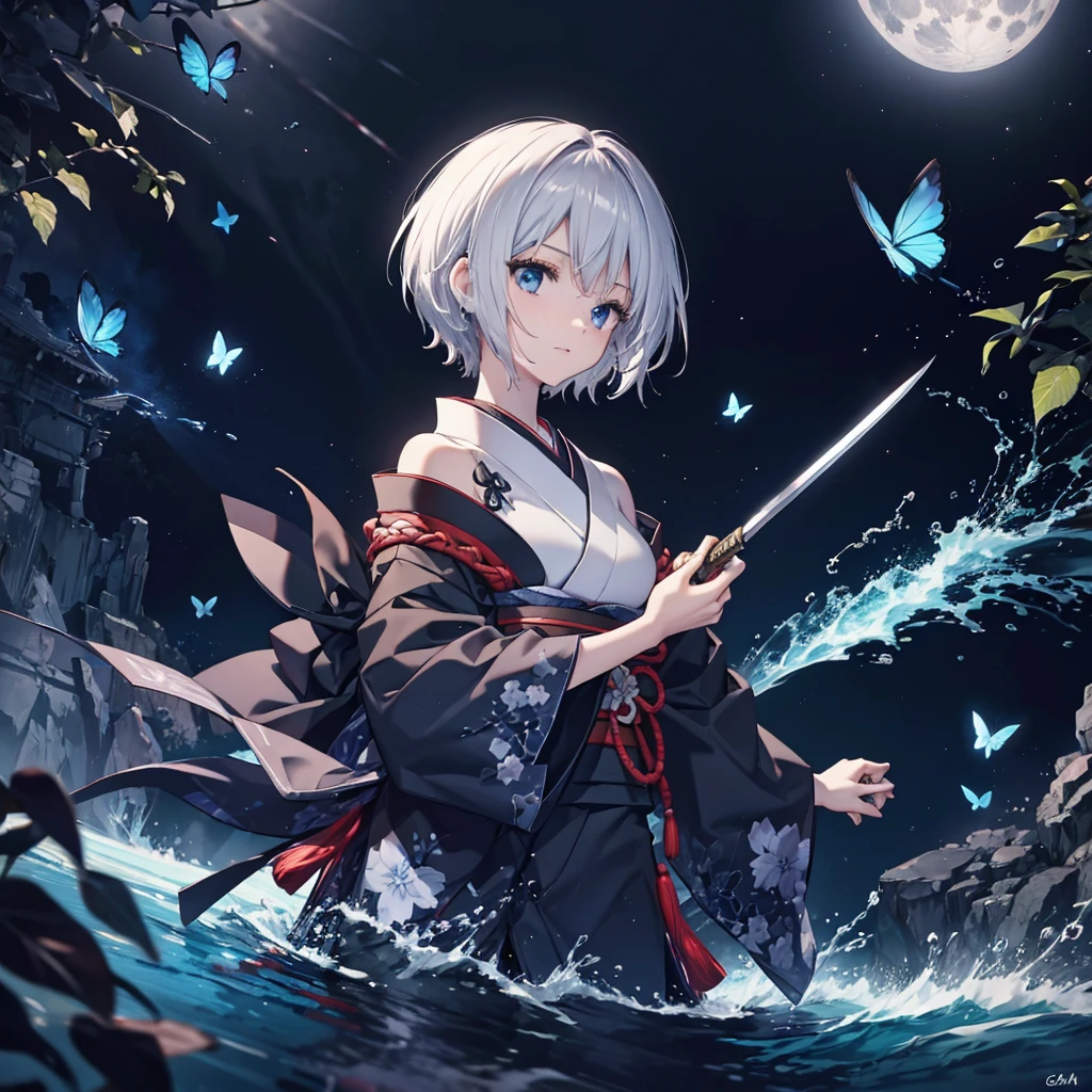 (((1 person))) ((High resolution Gray Hair short hair Black kimono Shoulder)) ((Black Band military commander Lonely despair blue eyes)) ((Blue Butterfly night Japanese style old Shining Aura garden water surface)) (dance 日本knife knife Slashing) moon star Draw your sword Slashing Catch the wind