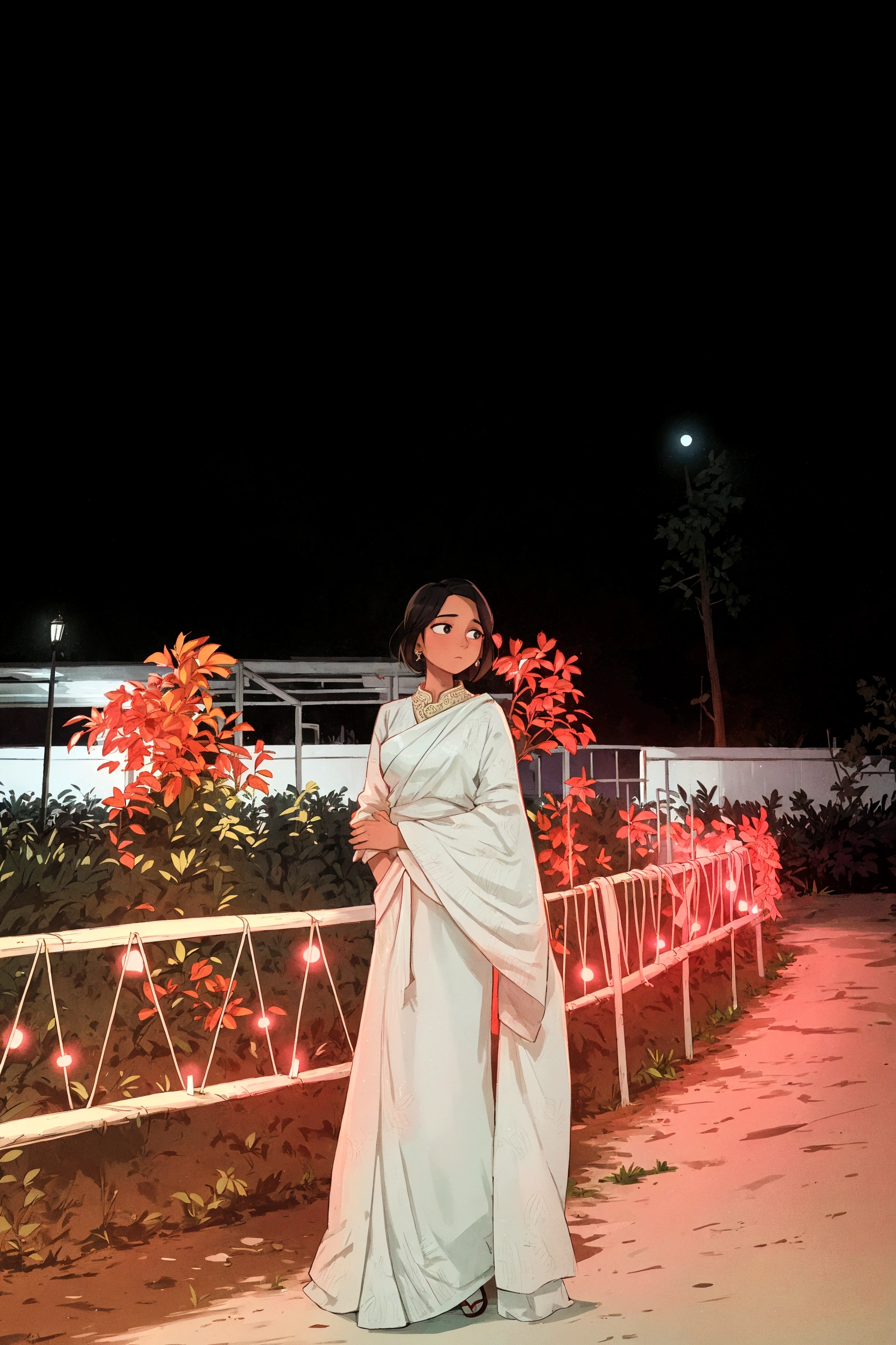 there is a woman standing in a white saree by a fence, at night time, with glowing lights at night, background is heavenly, taken with sony alpha 9, dressed in a sari, wearing bihu dress mekhela sador, at nighttime, it is night time, taken with the best dlsr camera, wearing a sari, assamese aesthetic