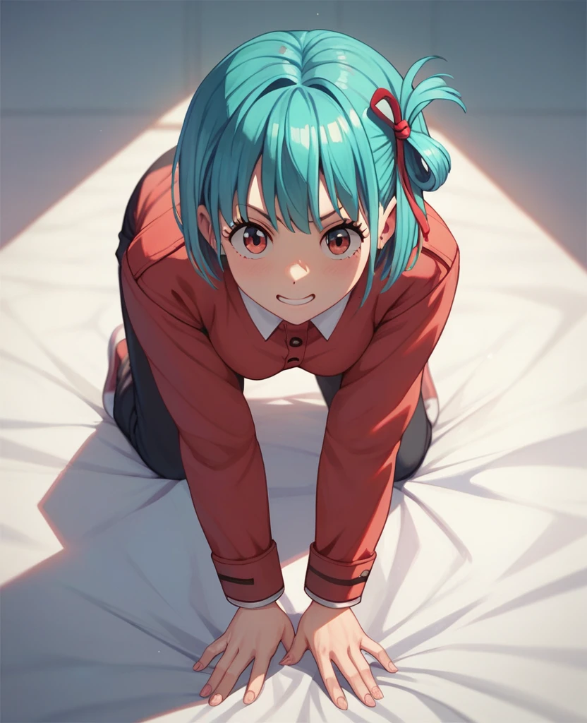 artwork, Better Quality, 1 girl, nishikigi chisato, Please stop using licorice, alone, Perfect Anatomy, Focus on the fight, On all fours, (Bulma's Defender:1.3), white, Thighs, Huge breasts, Watching the audience, shy, blush, anime, Lying on the bed with her legs open, having sex with a man
