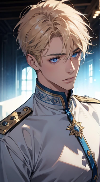 1 male with unique and beautiful features. He has bronze skin, short blond hair, ((big eyes, charming blue eyes, that give his face a touch of mystery and attraction)), He wears elegant and innovative clothes that reflect a unique character and a strong personality, 8k, high quilty, realistic, beautiful realistic, Cool details, raw photo, realistic clothing, short hair, white, realistic hair, Light and cool lighting, photo realistic, Cel shaded, Gel lighting, ultra details