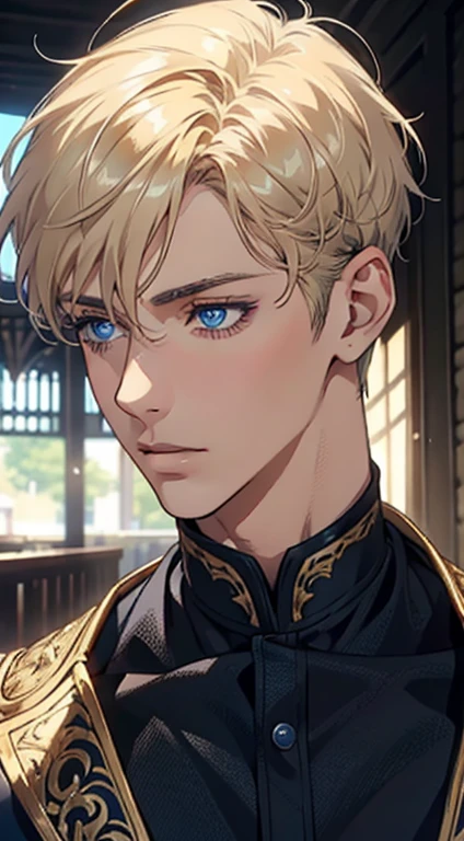 1 male with unique and beautiful features. He has bronze skin, short blond hair, ((big eyes, charming blue eyes, that give his face a touch of mystery and attraction)), He wears elegant and innovative clothes that reflect a unique character and a strong personality, 8k, high quilty, realistic, beautiful realistic, Cool details, raw photo, realistic clothing, short hair, white, realistic hair, Light and cool lighting, photo realistic, Cel shaded, Gel lighting, ultra details