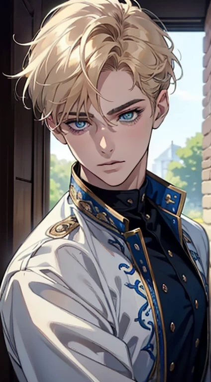 1 male with unique and beautiful features. He has bronze skin, short blond hair, ((big eyes, charming blue eyes, that give his face a touch of mystery and attraction)), He wears elegant and innovative clothes that reflect a unique character and a strong personality, 8k, high quilty, realistic, beautiful realistic, Cool details, raw photo, realistic clothing, short hair, white, realistic hair, Light and cool lighting, photo realistic, Cel shaded, Gel lighting, ultra details