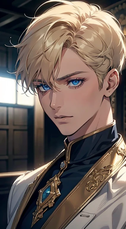 1 male with unique and beautiful features. He has bronze skin, short blond hair, ((big eyes, charming blue eyes, that give his face a touch of mystery and attraction)), He wears elegant and innovative clothes that reflect a unique character and a strong personality, 8k, high quilty, realistic, beautiful realistic, Cool details, raw photo, realistic clothing, short hair, white, realistic hair, Light and cool lighting, photo realistic, Cel shaded, Gel lighting, ultra details