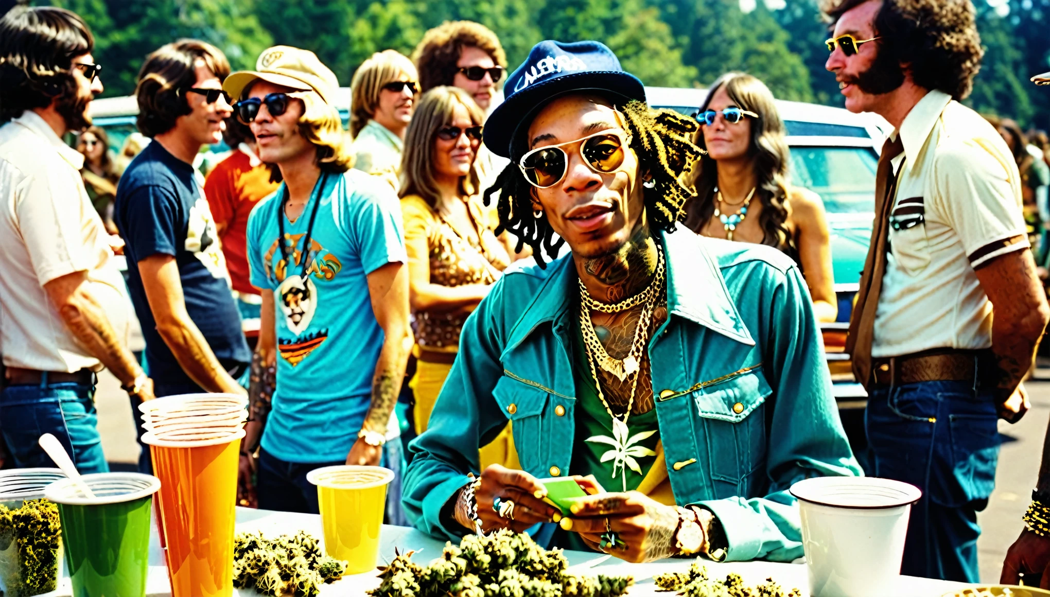 1970s photo of "Wiz Khalifa" wearing 1970s attire while attending a marijuana bake sale,