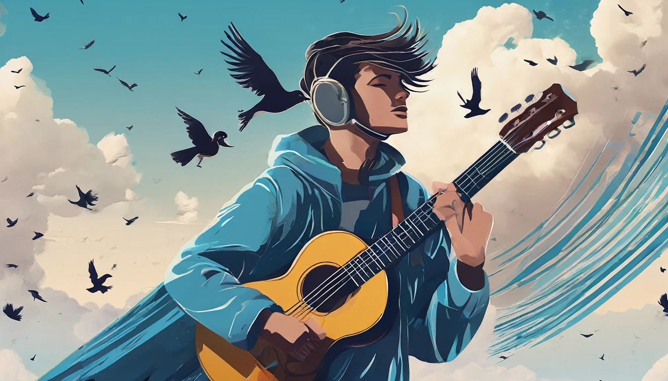 Create a professional, fantastic, cinematic Youtube Banner for a brand about music and stories called " Penamemoria". Masterpiece, 4k, sharp focus, highest quality,wide shot. The title is " Penamemoria". Is a brand about the creative, unique journey of a boy into becoming a musician storyteller. In his journey he finds inspiration in a world of birds and feathers. Minimalistic, simple, poetic, dreamy logotype at the center of the image. The Background image is a world full of fantastic feathers, unique birds, light blue sky, and a boy running happily into the horizon with an acoustic guitar in his right hand. Boy running against the wind, almost simulating like he is flying