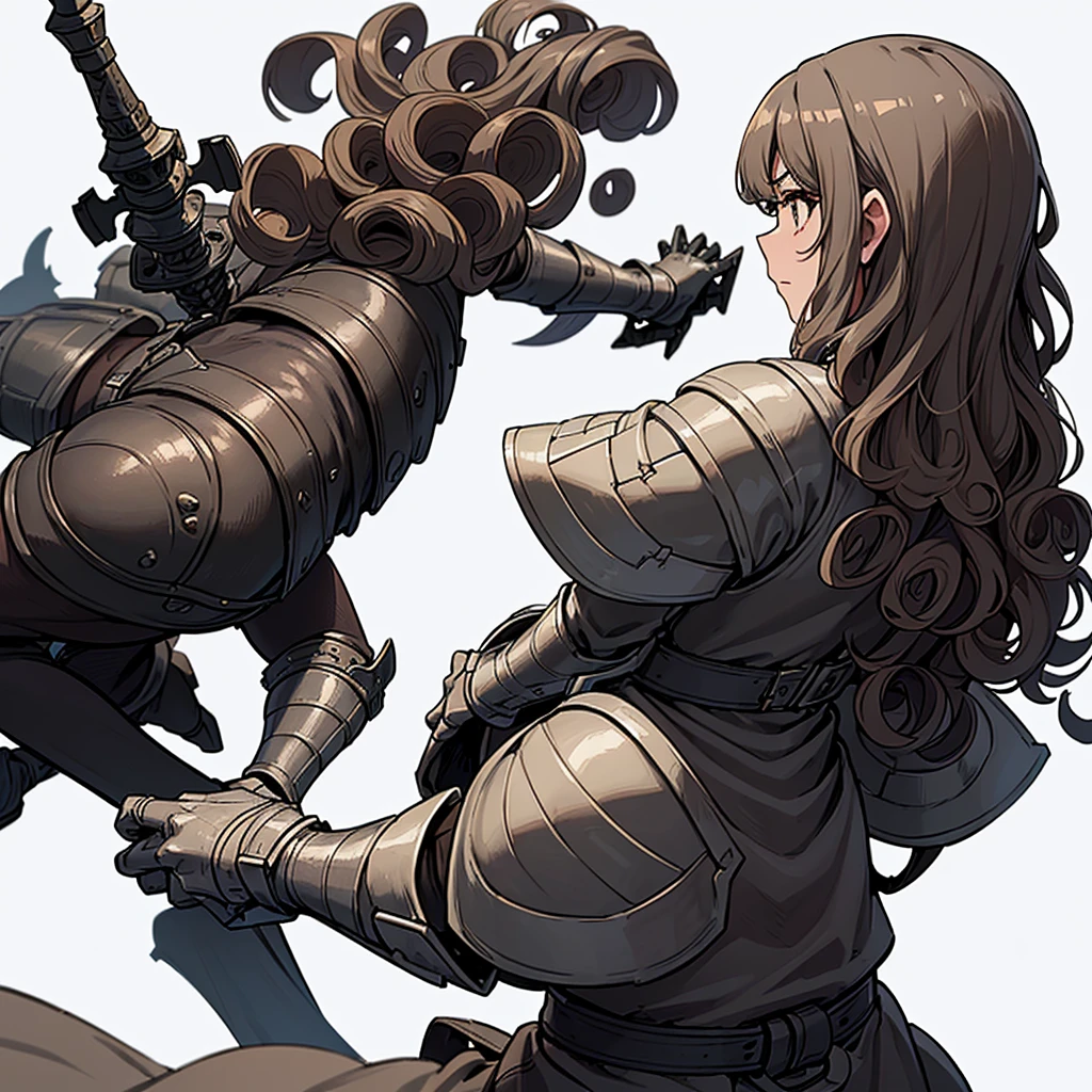 ((((Solo))))、Highest quality, Best Quality,Best illustrationedieval Armor、(Brown clotheedieval Knight、Full grey armor、(((20-year-old woman、Curly Hair、Medium Hair)))、Dramatic Angle、(battle)、battlefield、Movement angle、Grab the sword、wasteland、(Fighting stance)、Run、(((White background)))、Grab the sword、early、(Embarrassing、Embarrassed)、(From the back、Back view)
