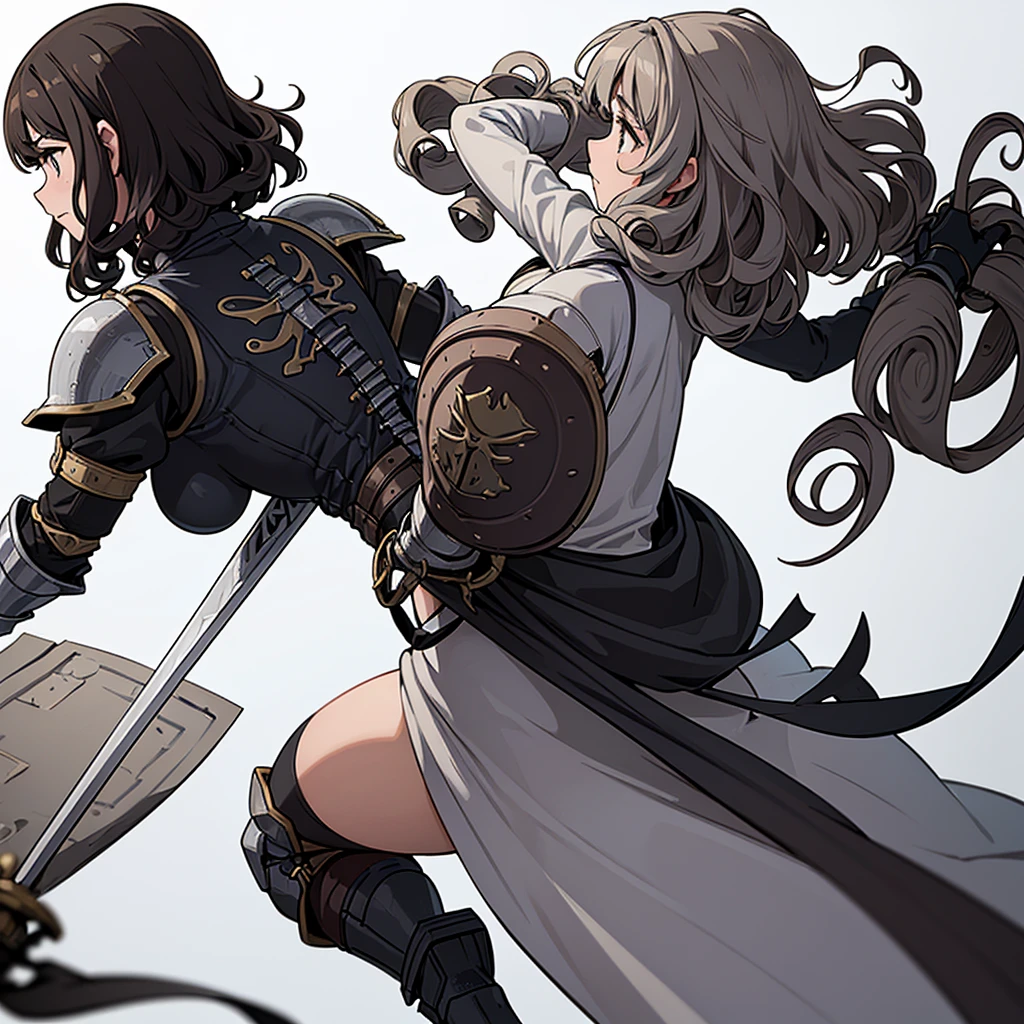 ((((Solo))))、Highest quality, Best Quality,Best illustrationedieval Armor、(Brown clotheedieval Knight、Full grey armor、(((20-year-old woman、Curly Hair、Medium Hair)))、Dramatic Angle、(battle)、battlefield、Movement angle、Grab the sword、wasteland、(Fighting stance)、Run、(((White background)))、Grab the sword、early、(Embarrassing、Embarrassed)、(From the back、Back view)
