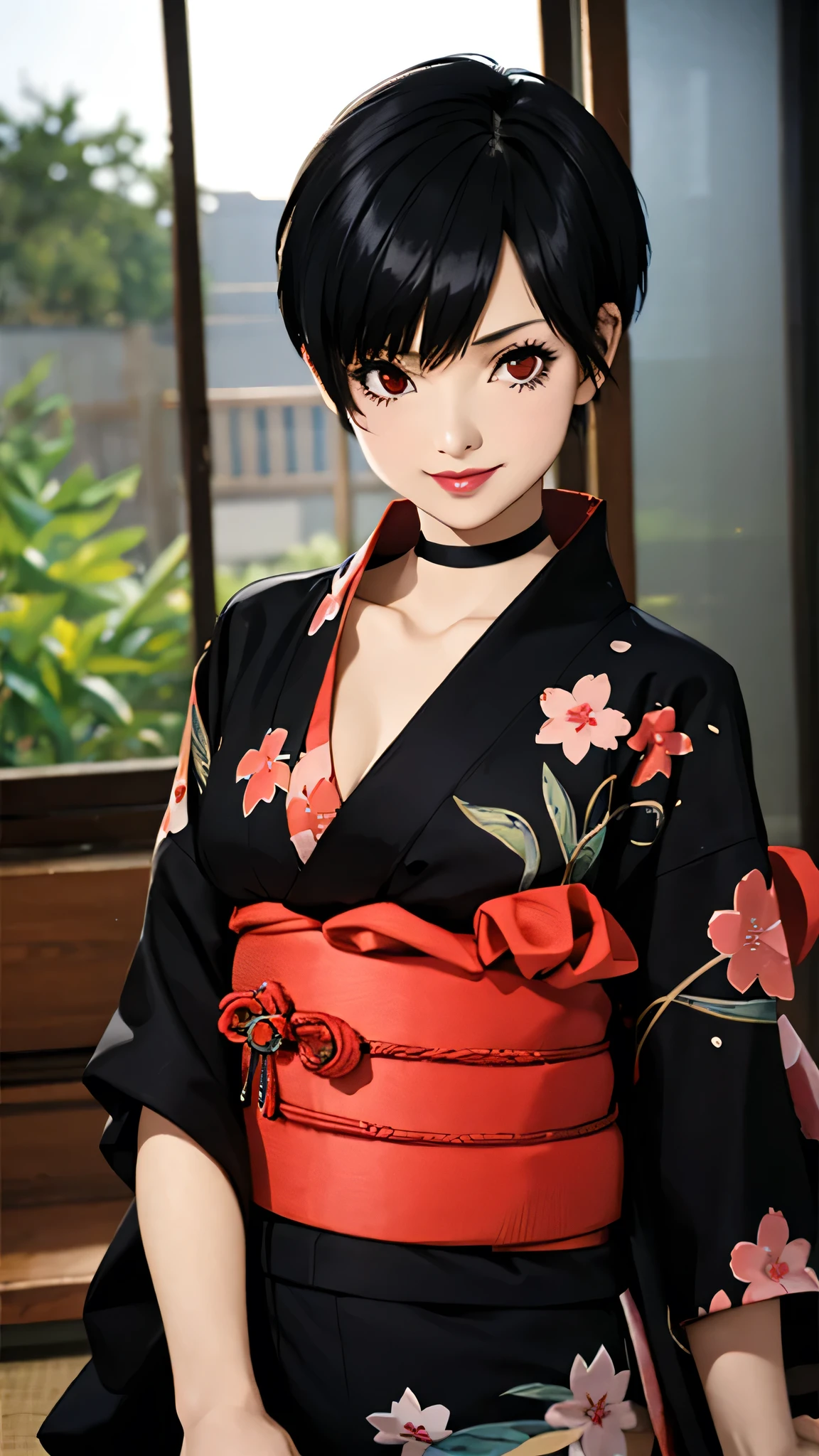 1girl, smile, red eyes, tomboy Pixie haircut, very Short hair, black hair, black choker, yukata, medium breast, lipstick, cowboy shot, 